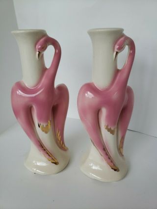 Two Vintage Art Deco Ceramic Pink Flamingo Vases Rare 8 1/2 " Tall Perfect Cond.