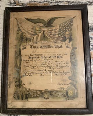 Antique Improved Order Of Red Men Great Council Pennsylvania Certificate Choctaw