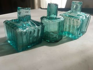 2 Antique Deep Ice Blue Quill Rest 1 Teal Green Hexagon Sheared Ink Well Bottles