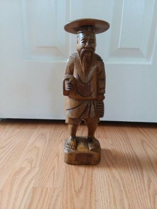 Vintage Hand Carved Wood Sculpture Statue Old Chinese Wise Man 14 " Tall