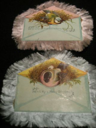 2 Antique Victorian Silk Fringe Christmas Cards Birds On Nests Envelope Shaped