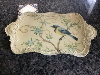 Vintage Shabby Chic Ivory Floral Blue Bird Tole Tray Metal Tin Vanity Footed 18”