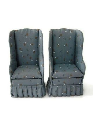 Vintage Miniature Dollhouse Living Room Furniture Upholstered Wing Back Chairs