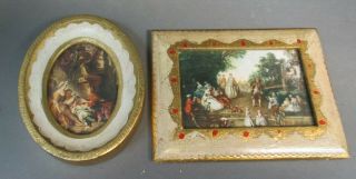 2 Vintage Gold Italian Florentine Toleware Miniature Framed Pictures