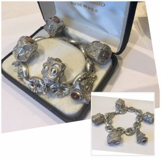 Vintage Jewellery Rare Silver 800 Italian & Coral Bead Heavy Charm Fob Bracelet