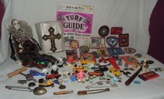 6 - Antique Junk Drawer China Doll Gold Glass Cross Match Box Toys
