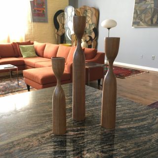 3 Vintage Mid - Century Modern Teak Wood Candle Holders Vgc