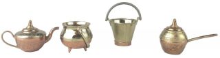 Vtg Dollhouse Miniature 4 Pc Set Metal Copper Bottom Kettles Pot Bucket