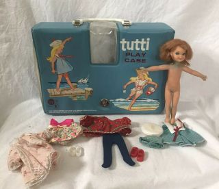 Vintage Mattel 1965 Tutti Blue Carry Case W/ Doll & Clothes
