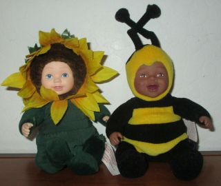 Vintage 1990’s Anne Geddes Baby Bumble Bee And Baby Sunflower Dolls 5 " Tall