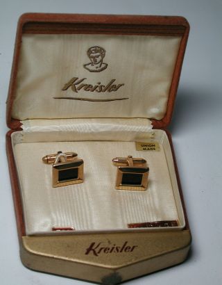 Antique Nos Kreisler 12k Yellow Gold Gf Black Rectangle Cufflinks & Box Est91