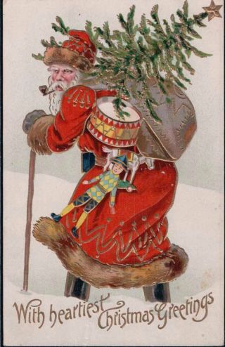 Antique Postcard: Heartiest Christmas Old World Santa Smoking Pipe In Snow K17