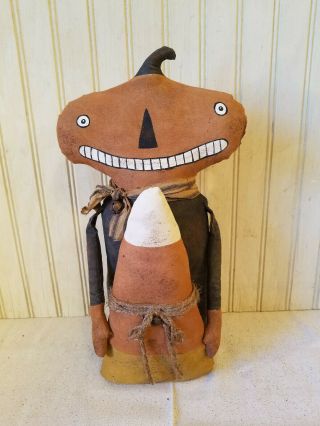 Primitive Grungy Pumpkin Shelf Sitter Halloween Doll & His Big Candy Corn