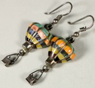 Rare Vintage Zuni Hot Air Balloon Inlay Sterling Silver Hook Dangle Earrings