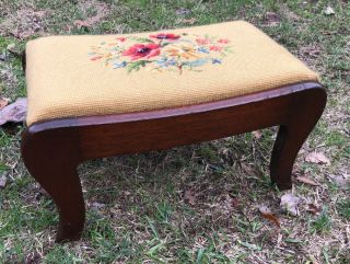 Antique/vtg Floral Needlepoint Solid Wood Foot Stool Ottoman