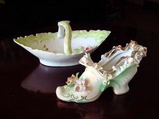 Antique Green Gold Basket Dish Bowl Porcelain Lace Lady Slipper Shoe Flowers