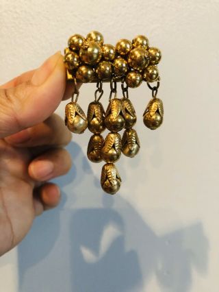Vtg Antique Unmarked Brass Pin Brooch W Flowers Drop/ Dangle Design 51