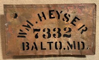 Heyser’s Oysters Copper Crate Stencil Rare Antique Baltimore Md 1920 