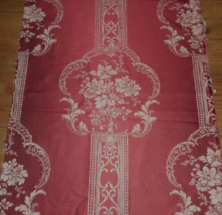 Vintage French Floral Medallion Sateen Cotton Damask Fabric Deep Red