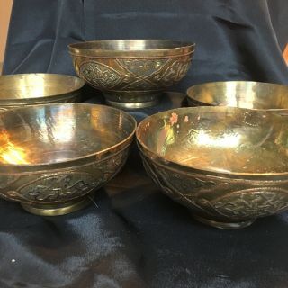 Vintage Set Of 5 Cairoware Mamluk Copper & Brass Bowls,  Islamic Arabic 2.  5”x4.  5”