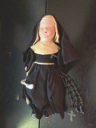 Vintage Composite Catholic Nun Doll With Cross Black Habit 7 Inches Tall