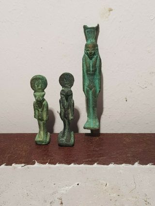 Rare Antique Ancient Egyptian 3 Bronze Statues Amulets Protection 1830 - 1750bc