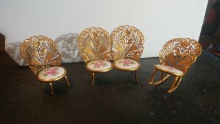 Vintage Pink Rose Guilloche Enamel Dollhouse Miniatures Chair Settee Sofa Rocker