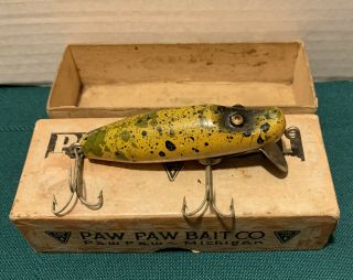 Vtg Antique Paw Paw Bait Co Yellow With Black Green Spots 3.  5” Wood Pike Lure