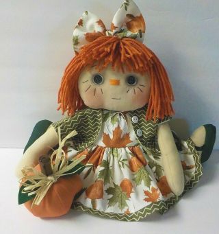 Hm Primitive Raggedy Ann Button Eye Doll Fall " La Verne " Shrug Pumpkin Ornie