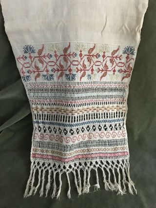 Antique Hand Loomed Linen Runner Hand Drawn Thread Work Knotted Fringe 18th C