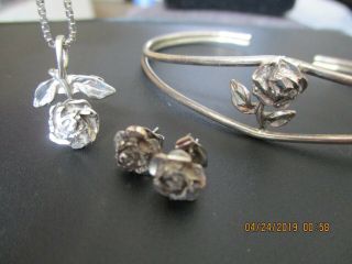 Vintage Sterling Silver 925 Diamond Cut 3d Rose Cuff/bracelet,  Necklace,  Earrings