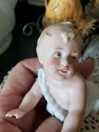 Tiny Antique Gebruder Heubach Bisque Piano Baby Figurine Sunburst Mark