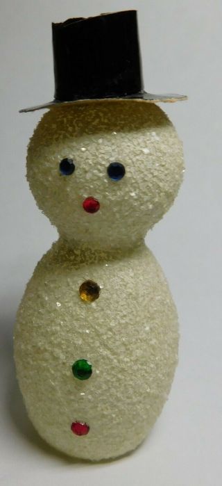 Antique Mouth Blown Glass Snowman Ornament Flocked In White West Germany 3 1/2 "
