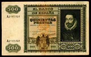 J927 Spain 500 Pesetas 1940 Bank Note Edifil 439.  D.  Juan De Austria.  Bc - Rare
