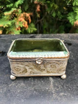Antique Gilt Ormolu Trinket Box Beveled Glass Lid - France - B47