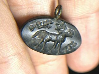 Antique Black Agate Stone Buck Multiple Horn Reindeer Intaglio Bead Pendant