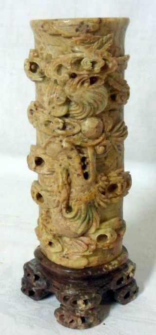 Hand Carved Soapstone Dragon Bamboo Chinese Brush Pot Vase