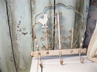Antique Early Wrought Iron Game Utensil Rack White Paint Scroll Work Rooster