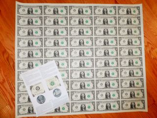 Rare Uncut Us Currency Sheet 50 X $1 Bill Dollar Federal Reserve Notes Awesome