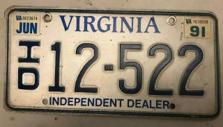 Rare Virginia Independent Dealer License Plate Id 12 522 W/ Stickers June 1991