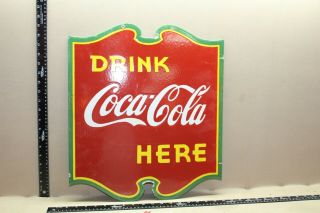 Rare Drink Coca Cola Here 2 - Sided Porcelain Metal Sign Coke Soda Pop Fountain 66