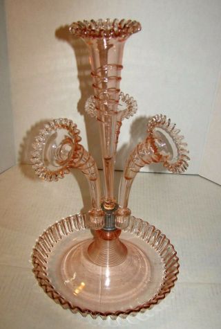 Vintage Rare Pink Depression Era Epergne Flower Vase 4 Horns W/snakes 18 "