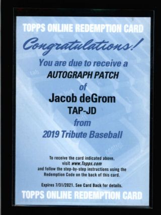 Jacob Degrom Rare 2019 Topps Tribute Game Patch Autograph Auto Redemption K9498