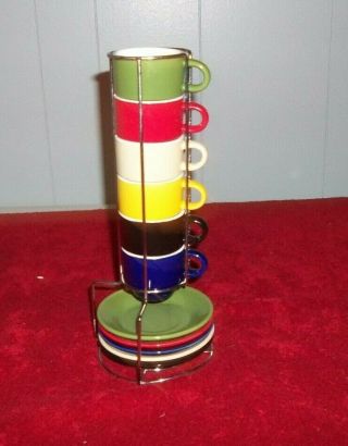 Vintage Mr.  Coffee Demitasse 6 Cups And 5 Saucers Coffee Or Tea & Metal Rack