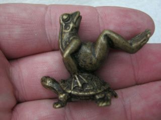 Detail Lost Wax Vienna Bronze Miniature Of Frog Riding Upon A Tortoise
