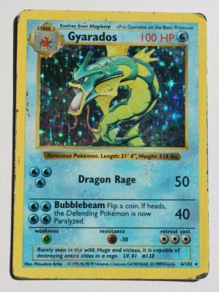 Shadowless Gyarados Rare Holographic Pokemon Card 6/102 Base Set Hp Heavy Play