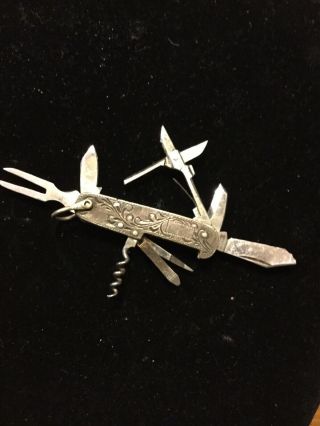 Antique Early Sterling Silver Multi Tool Pocket Knife Stainless Oriental Japan 3