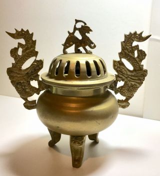 Vintage Solid Brass Dragon Footed Asian Incense Burner Coal Stove Chinese