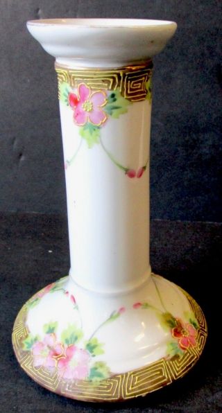 Antique Moriage Candlestick Japan Hand Painted Azalias Flowers Vtg