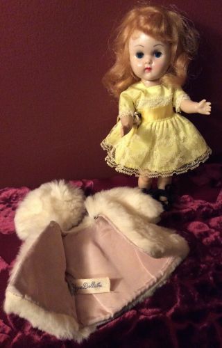1955 Vintage 8 " Vogue Ginny Doll Bkw In Party Dress With Tagged Fur Coat & Hat